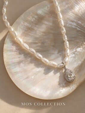 MOS COLLECTION Pearl CZ Teardrop Pendant Necklace